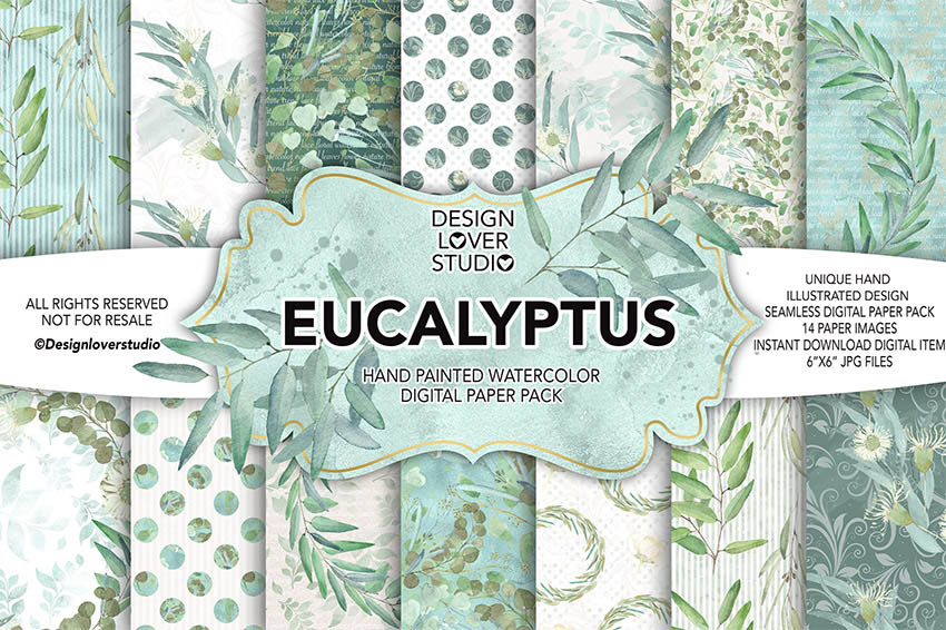 Watercolor Eucalyptus Digital Scrapbook Paper Pack